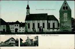 Wessobrunn (8129) Gasthaus Zur Post, Klosterkirche Mit Römerturm, Schlössl 1917 II (Eckknick) - Autres & Non Classés