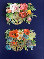 2 Chromos Découpis Victorien Gaufré  Fleurs Dans Un Chariot H 7 Cm L 10cm - Fleurs