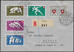 Suisse 1950 Y&T 497 à 501 Sur Lettre Recommandée De Nyon. Centenaire Du Timbre. Jet De Pierre, Lutte, Course, Tir - Briefe U. Dokumente