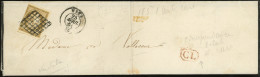Let EMISSION DE 1849 - 1b   10c. Bistre VERDATRE, Nuance Soutenue, Obl. GRILLE Sur LSC, Càd T15 METZ 25/4/51, Cachet Rou - 1849-1876: Periodo Classico