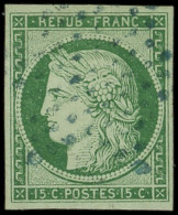EMISSION DE 1849 - 2    15c. Vert, Obl. ETOILE BLEUE, RR Et TB - 1849-1850 Ceres