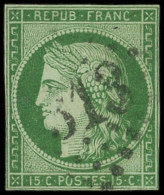 EMISSION DE 1849 - 2    15c. Vert, Obl. GC ( )313, Marges Fines Et Restaurées, RR Et B/TB - 1849-1850 Ceres