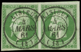 EMPIRE NON DENTELE - 12b   5c. Vert TRES FONCE, PAIRE Obl. Càd T15 LISIEUX 4/3/61, Nuance Exceptionnelle, Superbe. C - 1853-1860 Napoléon III