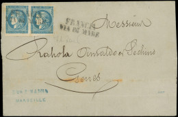 Let EMISSION DE BORDEAUX - 45C  20c. Bleu, T II, R III, PAIRE Obl. Griffe FRANCIA/VIA DI MARE à L'arrivée à GENOVA 18/2  - 1849-1876: Klassieke Periode