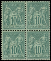 ** TYPE SAGE - 76   10c. Vert, BLOC De 4, Très Bon Centrage, Inf. Ch. Sur La Paire Sup., Cote Des Timbres, TTB. C Et J - 1876-1898 Sage (Tipo II)