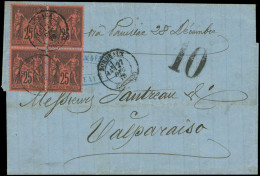 Let TYPE SAGE - 91   25c. Noir Sur Rouge, BLOC De 4 Obl. Càd T18 BORDEAUX 27/12/78 S. LAC, Taxe 10 Et Arrivée VALPARAISO - 1849-1876: Klassik