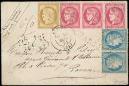 Delcampe - Let AFFRANCHISSEMENTS ET COMBINAISONS - N°37 PAIRE, 49 BANDE De 3 Et 59 Obl. PC Du GC 1299 S. Env. CHARGE, Une Marge Ent - 1849-1876: Klassik