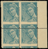 ** VARIETES - 549   Mercure, 50c. Turquoise, BLOC De 4 Bdf, PIQUAGE à CHEVAL, 2 Ex. Format Plus Grand (1 Ex. *), 2 Ex. F - Unused Stamps