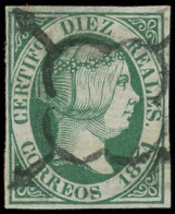 ESPAGNE 11 : 10r. Vert De 1851, Obl., TB, Certif. EFM - Oblitérés