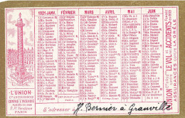 Petit Calendrier Ancien 1921 Publicitaire Illustré * Assurances L'UNION * Calendar * S'adresser à Mr BERNIER à Granville - Klein Formaat: 1921-40