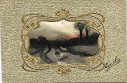 PC WOVEN SILK, SCENE WITH COWS ON THE ROAD, VINTAGE SILK POSTCARD (b15082) - Altri & Non Classificati