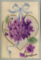 PC WOVEN SILK, HEART WITH FLOWERS AND TIE, VINTAGE SILK POSTCARD (b15099) - Altri & Non Classificati