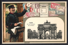 AK Paris, Arc De Triomphe De La Victoire, Postbote Und Briefmarken - Briefmarken (Abbildungen)