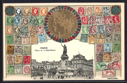 AK Paris, Place De La République Mit Gestempelten Briefmarken, Republique Francaise - Briefmarken (Abbildungen)