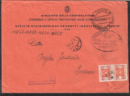 COPPIA SEGNATASSE LIRE 1,00 COME TASSA A CARICO DESTINATARIO SU BUSTA GRANDE INTESTATA DA TRENTO*24.6.42* PER PREDAZZO - Postage Due