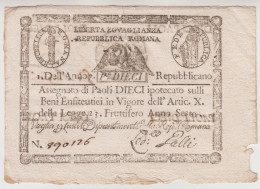 Repubblica Romana, Banconota Da 10 Paoli. Dell'anno 7° Repubblicano - Autres & Non Classés