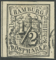 HAMBURG 1 O, 1859, 1/2 S. Schwarz, Mit Dänischem Dreiringstempel 2, Pracht, Fotoattest Jakubek, Mi. (750.-) - Hamburg (Amburgo)