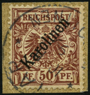 Delcampe - KAROLINEN 6I BrfStk, 1899, 50 Pf. Diagonaler Aufdruck, Prachtbriefstück, Fotoattest Steuer, Mi. 1800.- - Karolinen