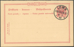 TOGO VP 27A BRIEF, 1893, 10 Pf. Karmin, Antwortkarte, Leer Gestempelt LOME, Pracht - Togo