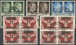 KURLAND 1-4A/B VB O, 1945, Freimarken Je Im Viererblock Mit Zentrischen Stempeln Vom Ersttag, Dabei Die Aufdruckfehler 4 - Occupazione 1938 – 45