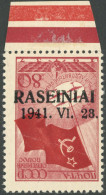 Delcampe - PONEWESCH 8K , 1941, 80 K. Dunkelbräunlichrot Mit Kopfstehendem Aufdruck, Unterrandstück, Stärkerer Bug Sonst Pracht, R! - Occupazione 1938 – 45