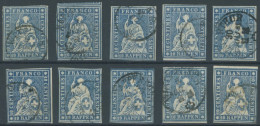 SCHWEIZ BUNDESPOST 14IIBym O, 1859, 10 Rp. Lebhaftblau, Berner Druck III, (Zst. 23G), 10 Prachtwerte In Nuancen - Altri & Non Classificati