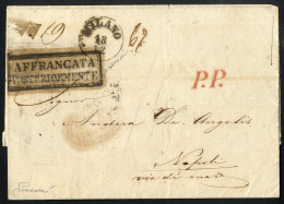 Cover 1855, Lettera Del 18.12.1855 Da Milano Via Genova (24.1.1856) A Napoli (27.1.1856), Lettera Non Pagata Per Il Tras - Lombardy-Venetia