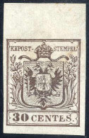 (*) 1850, 30 Cent. Bruno I° Tipo Con Bordo Superiore, Senza Gomma, Sass. 7 - Lombardy-Venetia