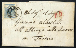 Cover 1855, Lettera Da Milano Del 15.11 Per Torino / Sardegna, Affrancata Con 45 C. Azzurro Su Carta A Mano, Sass. 12 - Lombardy-Venetia