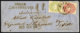 Cover 1865, Lettera Da Padova Del 13.4 Per Torino, Affrancata Con 3 Soldi Verde E 5 Soldi Rosa Dent. 9½, A Lato "BOLLO / - Lombardy-Venetia