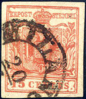 O 1857/58, FALSO DI MILANO 15 Cent. Rosso Vermiglio I° Tipo, Buoni Margini E Nitido Annullo "MILANO, 20/..", Cert. Dell' - Lombardy-Venetia