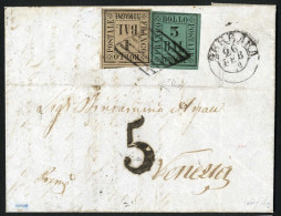 Cover 1860, Lettera Da Ferrara Del 26.2 Per Venezia Affrancata Con 1 B. Bruno Grigio E 3 B. Verde Scuro, Tassata "5", Ce - Romagna