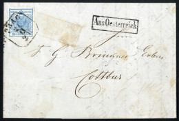 Cover 1850, Brief Von Prag Am 21.11. Nach Cottbus (Preussen) Frankiert Mit 9 Kr. Blau Handpapier Und Nebenstempel "Aus O - Other & Unclassified