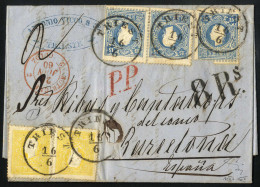 Cover 1860, Brief Von Triest Am 16.6. über Culoz Nach Barcelona (Spanien) Frankiert Mit Zwei 2 Kr. Gelb Und Paar Und Ein - Other & Unclassified