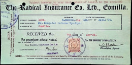 BRITISH INDIA 1934, THE RADICAL INSURANCE CO.LTD. (NOW DISAPPEAR) POLICY PREMIUM RECEPT, REVENUE STAMP FINE USED, CHOP, - Other & Unclassified