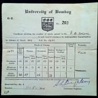 INDIA 1943, UNIVERSITY OF BOMBAY COAT OF ARM LION WITH CROWN, MARK LIST, SIGNATURE OF REGISTAR RARE DOCUMENT. - Other & Unclassified