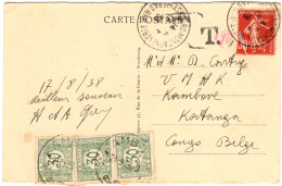 ✉ 1938, France, Picture Postcard Franked At 30c, Sent From Strasbourg August 17, 1938 To UMHK (Union Minière Du Haut Kat - Altri & Non Classificati