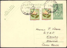 ✉ 1960, Ruanda Urundi, Postal Stationery Stibbe #33, 1,20fr + 1,20fr Palms Uprated With (2x) 15c - Flowers Issue, Sent F - Autres & Non Classés
