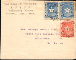 ✉ 1895, Liberia, "Muhlenberg Mission" Envelope Franked With 1c Red (damaged) And 2c (2x) Blue (Y&T 26 And 27), Sent From - Liberia