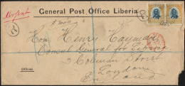 ✉ 1899, Liberia, Envelope Franked With 10c Orange Yellow And Blue (horizontal Pair) (Y&T 44), Sent In Registered From Mo - Liberia