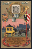 AK Nürnberg, 27. Deutscher Philatelistentag 1921, Ausstellung, Pferdekutsche, Wappen, Briefmarke - Briefmarken (Abbildungen)