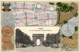 PC COINS, BANKNOTES, PARIS, ARC DE TRIOMPHE, Vintage EMBOSSED Postcard (b47961) - Münzen (Abb.)