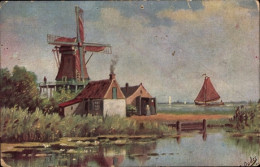 Artiste CPA Oudes, J., Landschaftsmotiv, Windmühle, Segelboot - Windmills