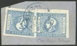 ARGENTINA: GJ.22d, 2P. Blue, 2 Examples With Almost Clear Impression, On A Fragment Used In Buenos Aires, The Right Exam - Buenos Aires (1858-1864)