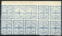 ARGENTINA: GJ.3, 15c. Blue, Small Figures, Beautiful Block Of 10 Stamps, MNH (one With Tiny Hinge Mark), With VARIETY: I - Nuovi