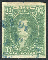 ARGENTINA: GJ.17, 1864 Rivadavia 10c. Imperforate Of 1st Printing, 4 Ample Margins, Blue Datestamp Of PARANÁ, Light Thin - Usati