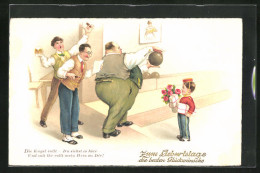 AK Männer Beim Kegeln, Page Mit Blumen, Zum Geburtstag Die Besten Glückwünsche - Bowling