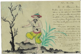 ASIE TONKIN ANNAM INDO-CHINE DESSIN PEINT A LA MAIN UN CHASSEUR DE TORTUES ? 1904 CPA ENTIER POSTAL 2 SCANS - Vietnam