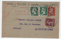 FRANCE ENTIER 30C PASTEUR ROUGE CP +15CX2+15C SEMEUSE AMIENS 19.2.1926 POUR SUISSE - 1922-26 Pasteur