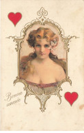 JEU AL#AL00433 CARTE A JOUER DAME DE COEUR EN TISSUS ART NOUVEAU GAUFREE - Playing Cards